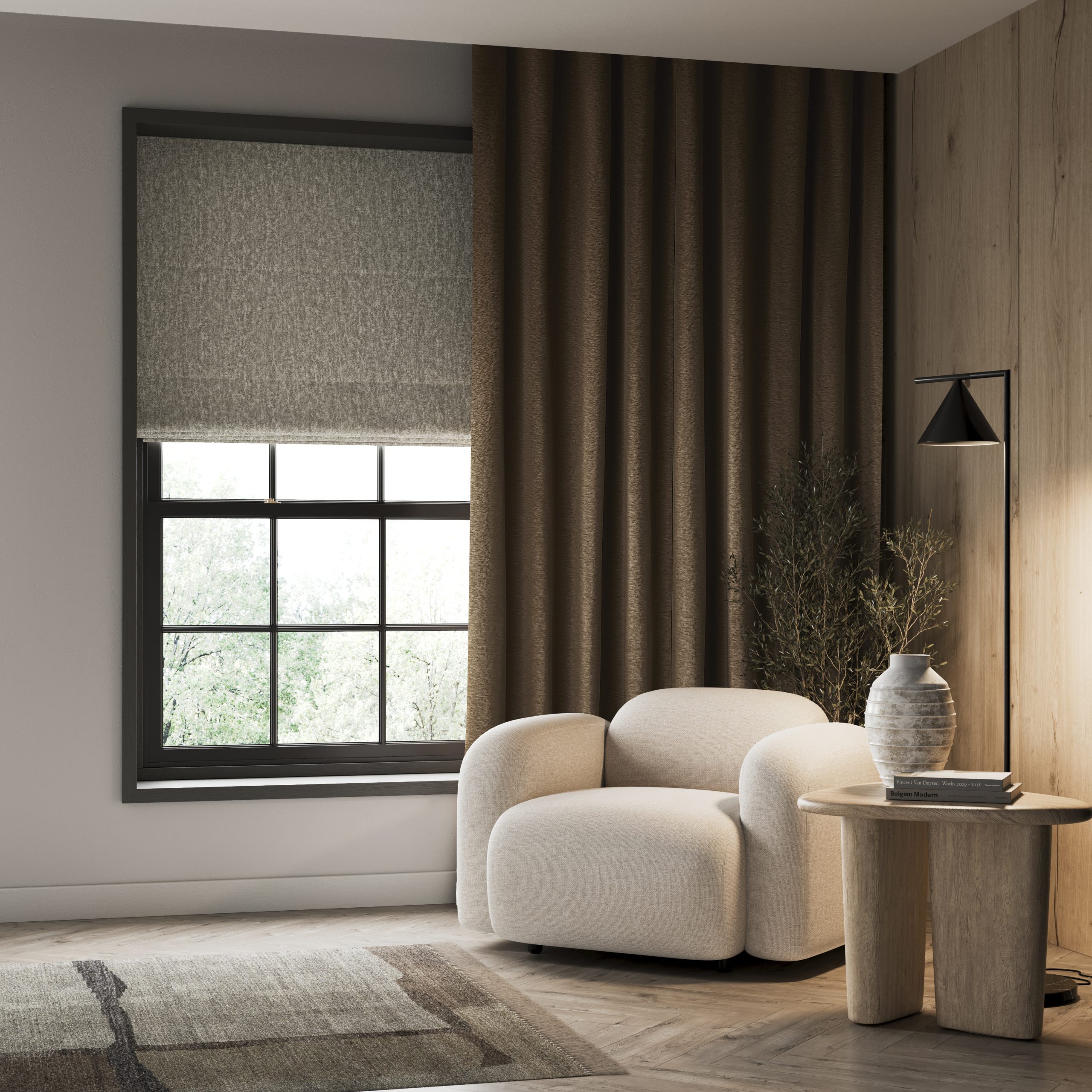 lumi mink curtain and darak pebble roman Lumi Mink Curtain and Darak Pebble Roman Blind Bespoke and Made to Measure